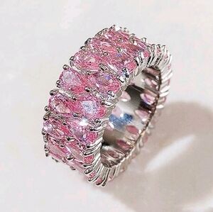 925 Silver Pear Waterdrop Cut Romantic Pink Cubic Zirconia Ring Sz 8